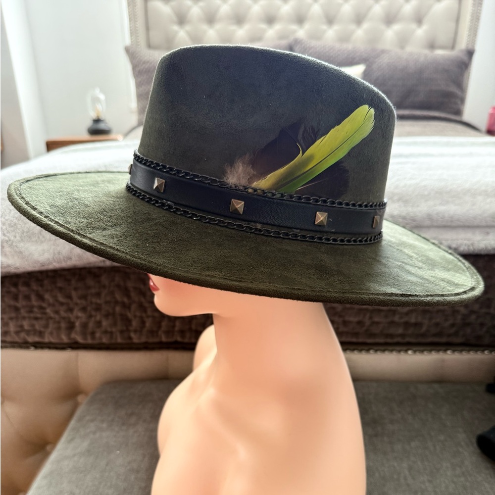 Green Wide Brim Hat with Feather Accent